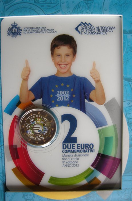 San Marino. 2 euromunt 2012 Tien Jaar Euro in KLEUR in Blister