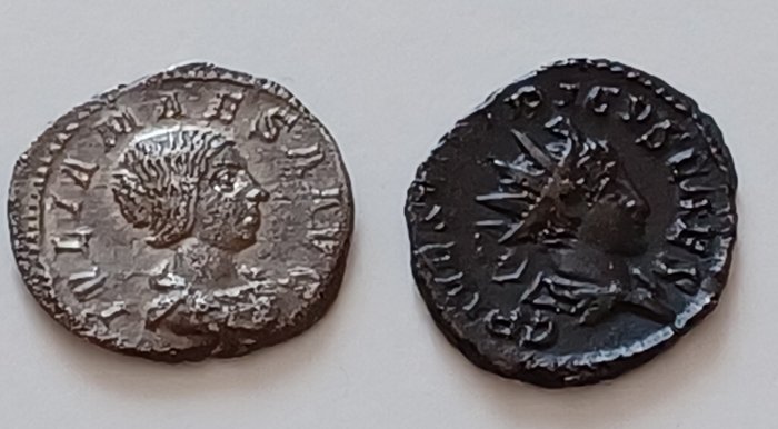 Roman Empire. Lot of 2 coins,  Julia Maesa (Augusta, AD 218-224/5), AR Denarius; Tetricus II (AD 270-274), Æ Antoninianus