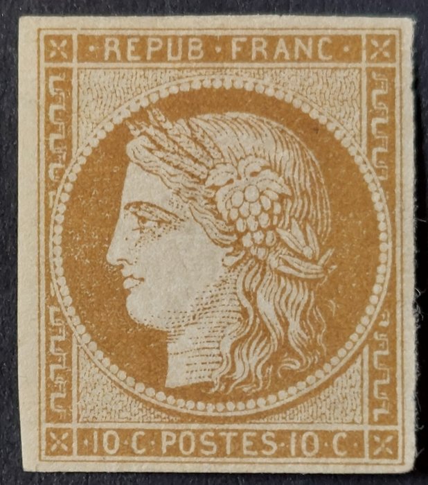 Frankreich 1850 - Ceres, imperforate, 10 centimes bistre-brown, dark shade. - Yvert 1