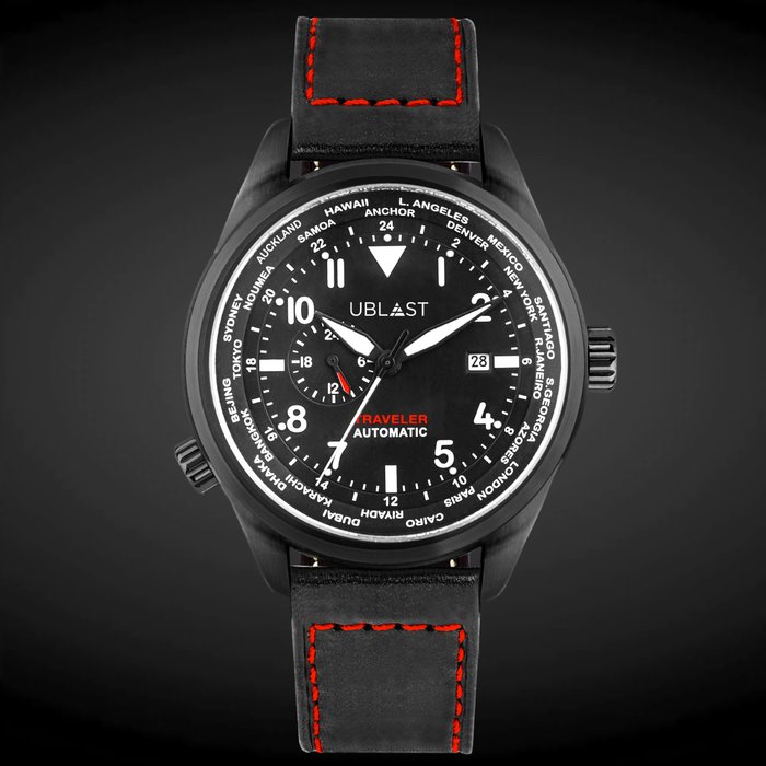 Ublast® - Traveler Automatic World Time - REF.UBTR47BK/RD - Genuine Leather - Homem - Novo