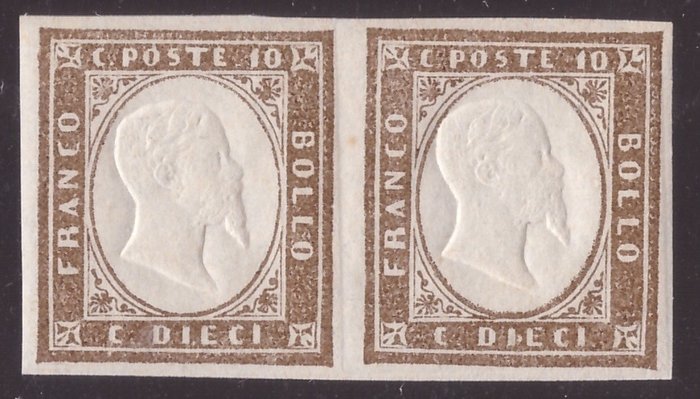 Italienische antike Staaten - Sardinien 1858 - 10 cents olive grey brown, horizontal pair - Sassone N. 14Cg