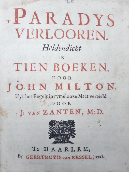 John Milton / J. Van Zanten - 't Paradys verlooren - 1728