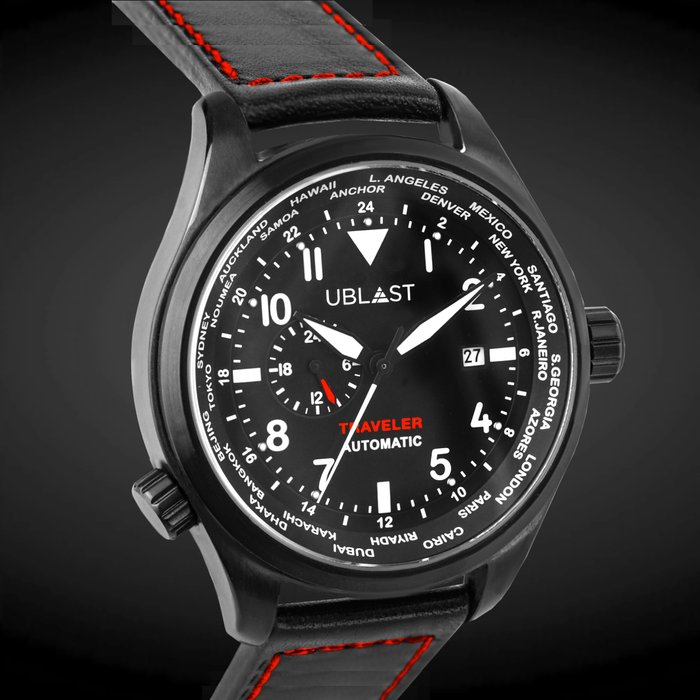 Ublast® - Traveler Automatic World Time - REF.UBTR47BK/RD - Genuine Leather - Herre - Ny