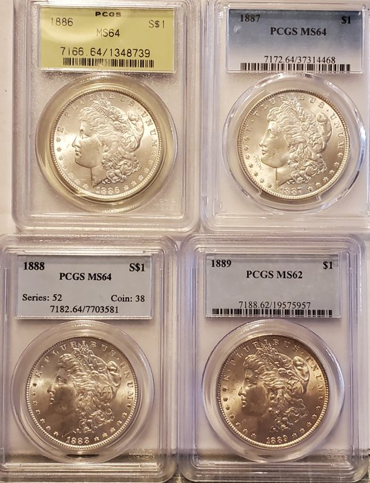 Verenigde Staten. Morgan Dollar 1886 + 1887 + 1888 + 1889 (4 pieces) in PCGS MS62 and MS64 Slabs