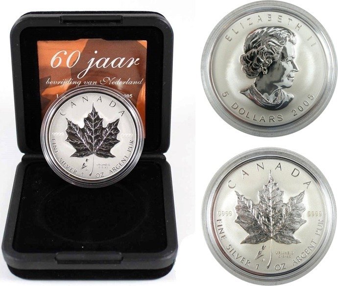 Canada. 5 Dollars 2005 'Maple Leaf - 60 jaar Vrijheid' in cassette