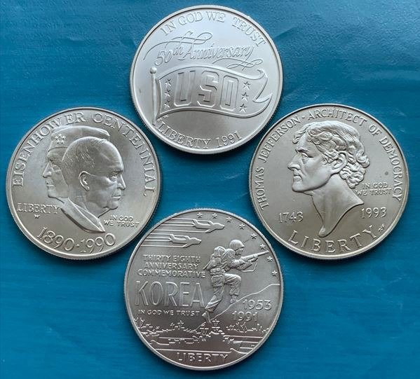 Verenigde Staten. 4 Coins - Dollars Jefferson Philadelphia 1993 - Eisenhower Westpoint 1990 - Korea & USO Denver 1991