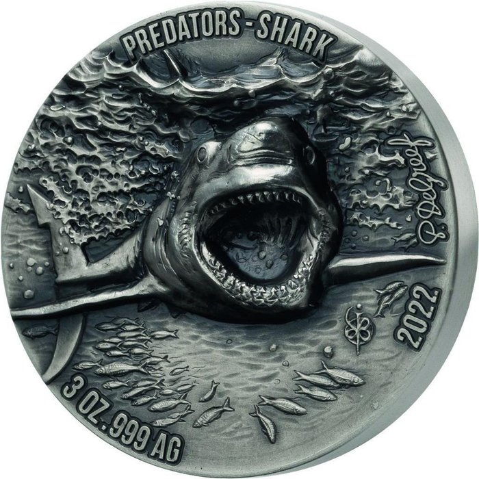 Elfenbeinküste. 5000 Francs 2021 Mauquoy Haut Relief - Predators -White Shark 3 Oz