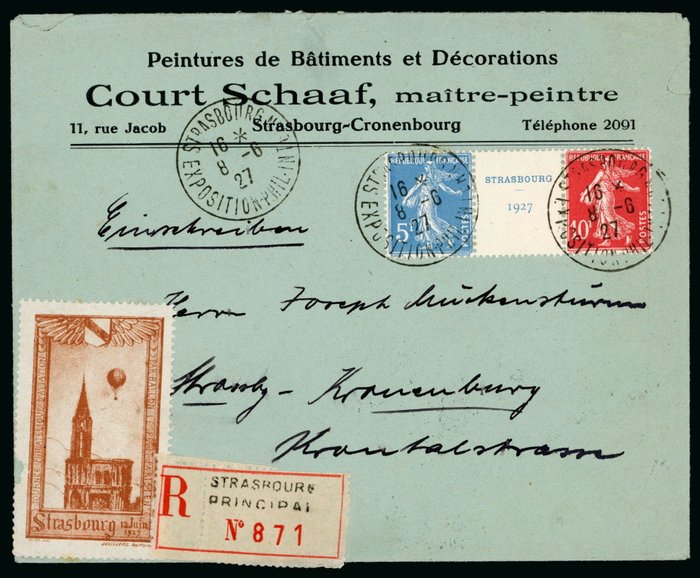 Frankreich 1927 - Centre piece from block on a registered cover - Yvert 242A
