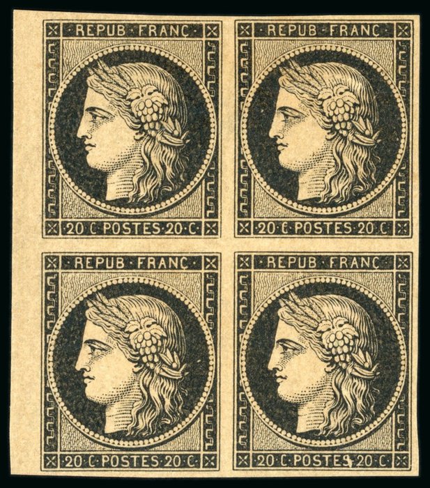 Frankrijk 1849 - 20 centimen Ceres in velrandblok met varieteit gebroken S - gekeurd Roumet - yvert 3