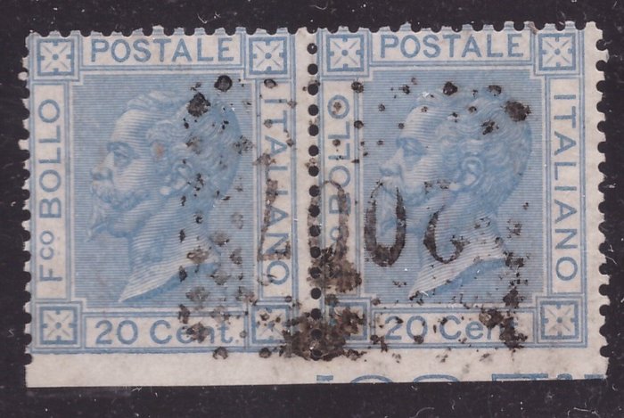 Koninkrijk Italië 1867 - 20 c. light blue, horizontal pair imperforated at the bottom - Sassone N. L26c