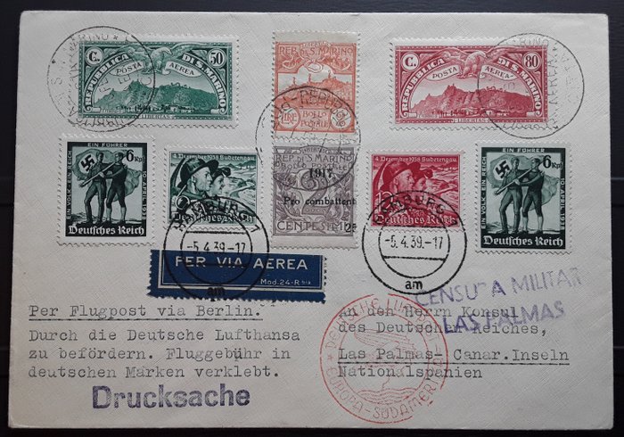 Empire allemand - Zeppelin document - DLH / San Marino - Hamburg - Las Palmas