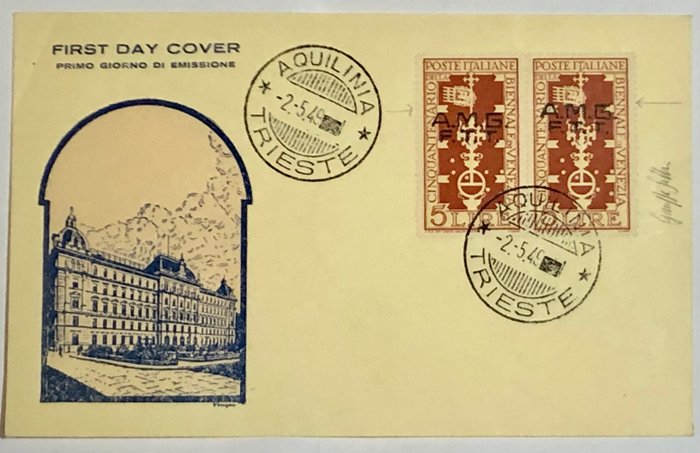Triest - Zone A 1949 - First day cover with pair of 5 lire biennial with variety, Sollami certificate - Sassone 35af