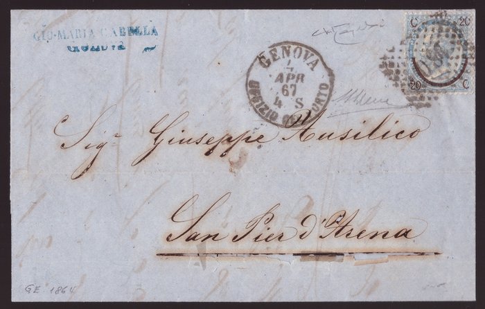 Koninkrijk Italië 1865 - 20 su 15 c. Ferro di cavallo III tipo con doppia dentellatura su lettera da Genova del 4 aprile 1867 - Sassone N. 25i
