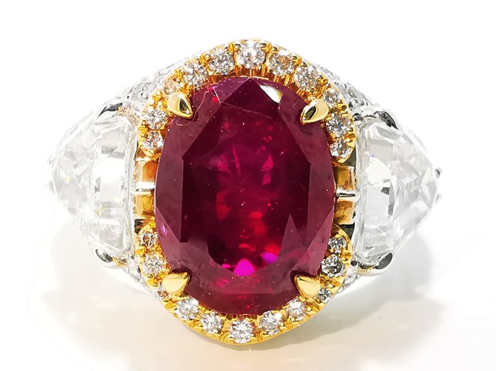 Preview of the first image of Rubí GRS Red 6.78ct sin tratamiento HRD 8.27gr - 18 kt. Bicolour - Ring - 3.59 ct Ruby - Diamonds.