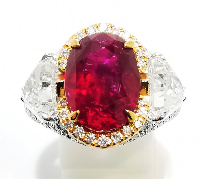 Image 2 of Rubí GRS Red 6.78ct sin tratamiento HRD 8.27gr - 18 kt. Bicolour - Ring - 3.59 ct Ruby - Diamonds
