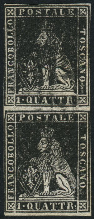 Italiaanse oude staten - Toscane - Seconda emissione 1857. Coppia verticale di un quattrino nero. Sassone n. 10.