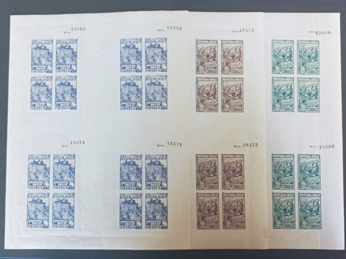 Spain - Local issues 1936/1939 - Lot 25 B. Montcada i Reixac sheetlets, green, brown, blue, perforated and uncut.