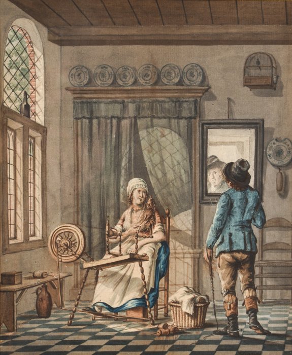 Johannes Rienksz.Jelgerhuis (1770-1836) - Interieur met dame aan het spinnewiel
