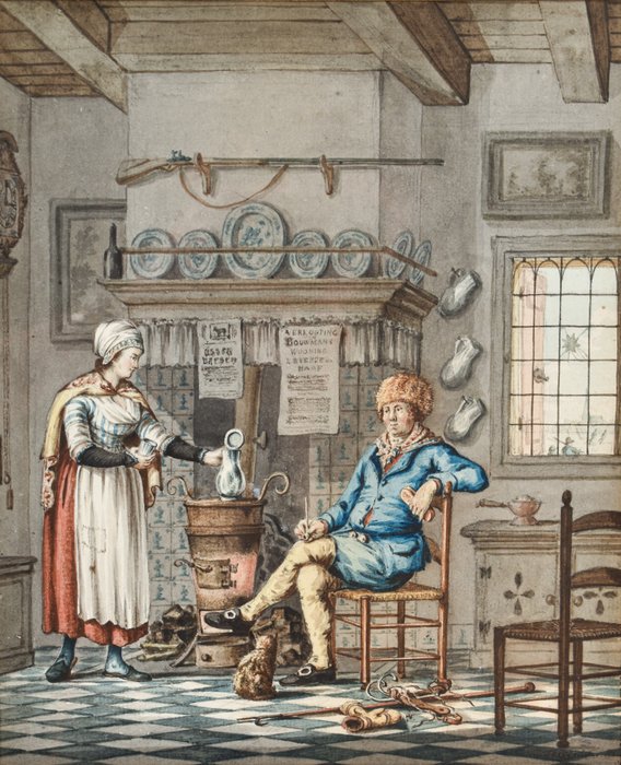 Johannes Rienksz.Jelgerhuis (1770-1836) - Interieur met figuren bij schouw