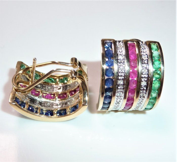 Image 2 of 14 kt. Yellow gold - Earrings - 0.28 ct Diamonds - Ruby, sapphire, emerald - clip with stud - 11.2