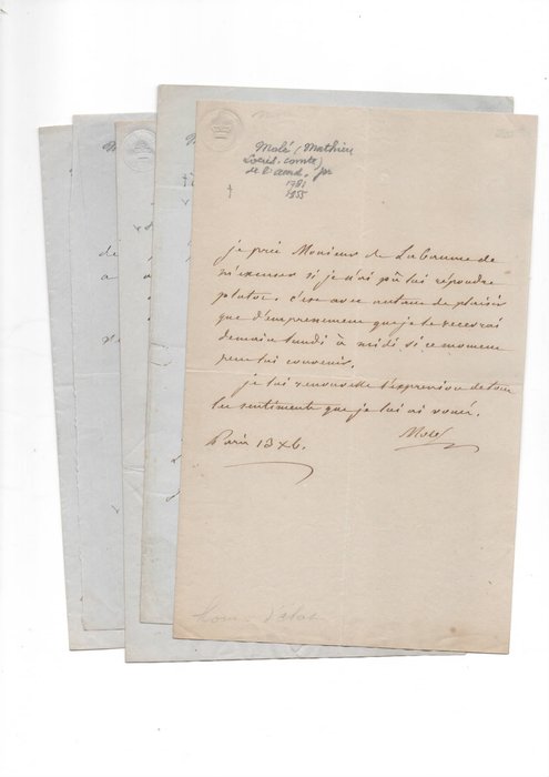 Mathieu, comte Molé - 5 lettres autographes signées - 1838