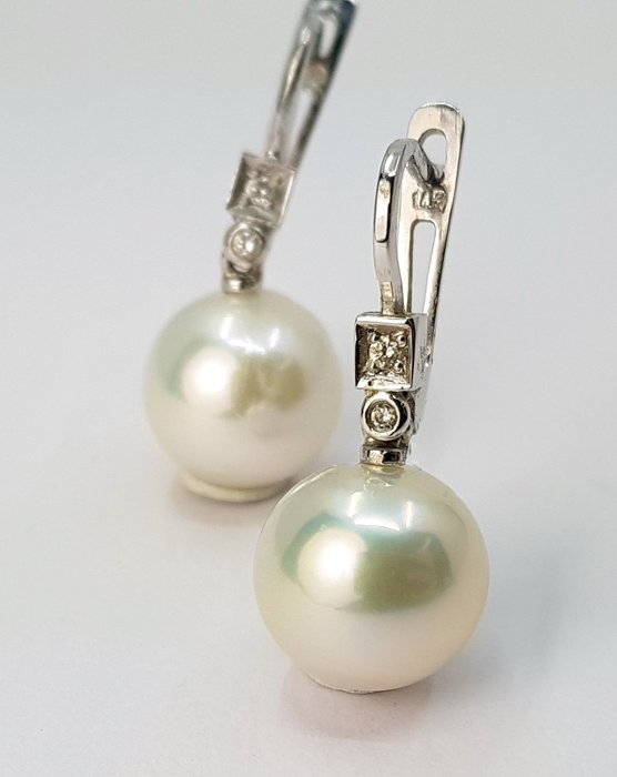 11x12mm Round White Edison Pearls - 0.07Ct - Orecchini Oro bianco