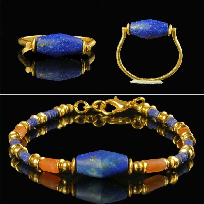 Égypte ancienne Lapis lazuli Bracelet et bague avec Lapis Lazuli et perles de cornaline d'occasion  