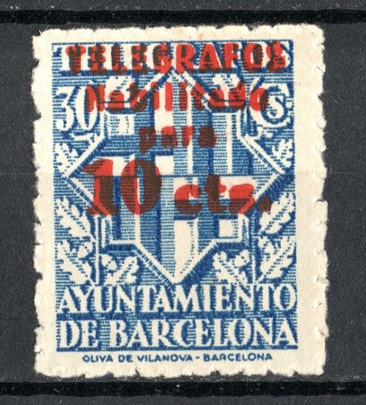 Spanien 1942/1945 - Barcelona. Shield, colour change in the overprint. Graus certificate. - Edfil Telégrafos 18e (18hcc)