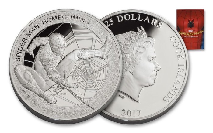Cook Islands. 25 Dollars 2017 Proof, SPIDER MAN HOMECOMING MERCANTI DESIGNED, 5 Oz