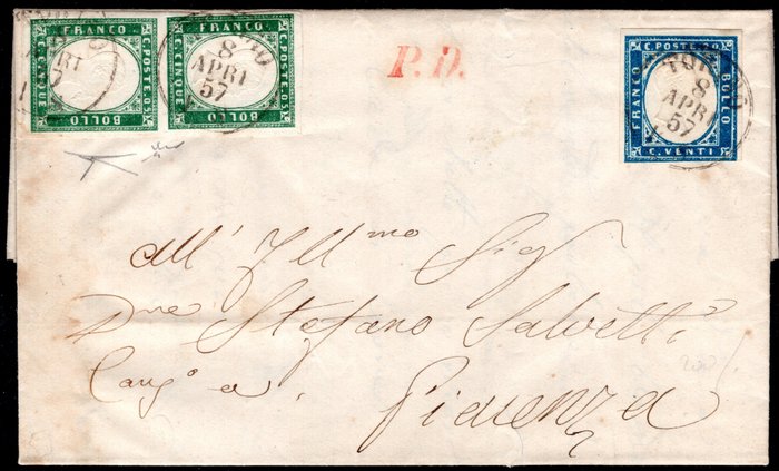 Italiaanse oude staten - Sardinië 1857 - vertical pair of 5 cents emerald green + 20 cents dark cobalt - 4th issue - used on cover - Sassone n° 13d+15b