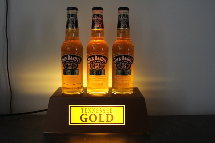 Jack Daniel’s Tennessee Gold, German version, spirit drink on display with lighting – Original bottling – 275ml – 3 flessen