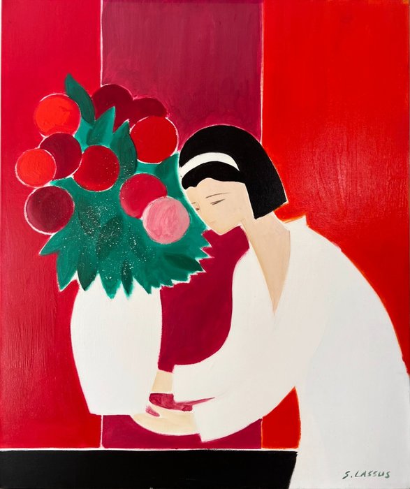 Serge Lassus (1933) - Huile sur toile - Femme au vase de fleurs