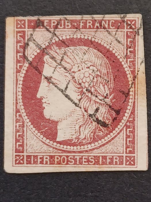 Frankreich 1849 - Ceres No. 6, 1 franc crimson, grid postmark, beautiful appearance, signed Calves. - Yvert