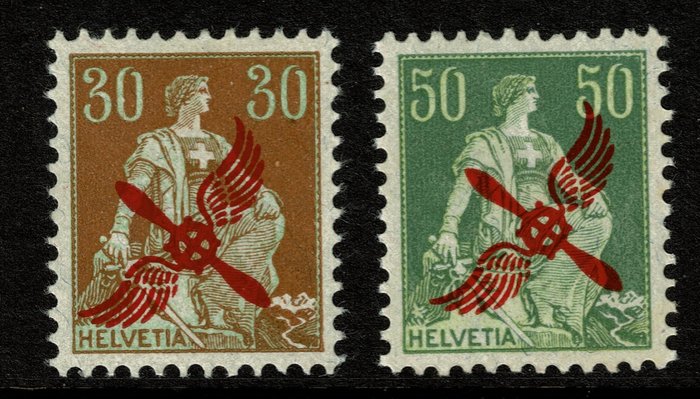 Switzerland 1919/1920 - Inspected Airmail stamps Helvetia with red overprint - Michel 145 & 152