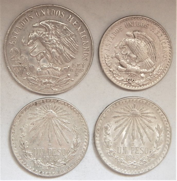 Mexique. 1 and 25 Pesos 1933 to 1968 - 4 pieces