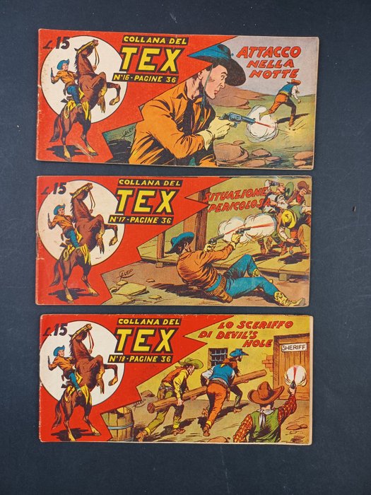 Collana del Tex Seconda Serie nn. 16/18 - 3x Strisce "Attacco nella Notte e Altre" - Geniet - Eerste druk - (1950)