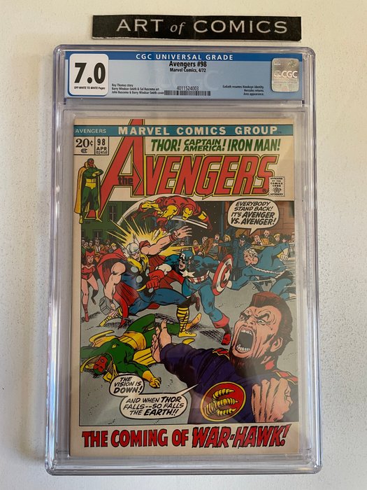 The Avengers #98 - Goliath Resumes Hawkeye Identity - Hercules Returns - Ares Appearance - CGC Graded 7.0 - Higher Grade!!! - Softcover - Erstausgabe - (1972)