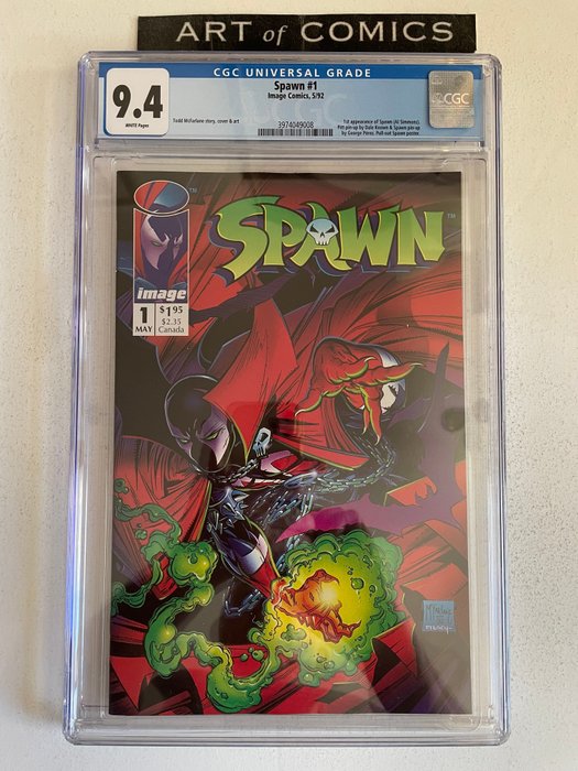 Spawn #1 - 1st Appearance Of Spawn - Pitt Pinup By Dale Keown - Spawn Pinup By George Perez - Spawn Pull Out Poster (Still Present) - CGC Graded 9.4 - Very High Grade - White Pages - Broché - EO - (1992)