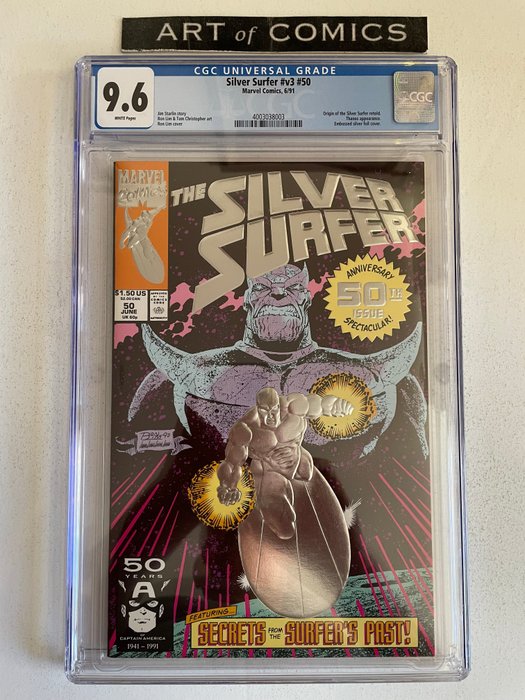 Silver Surfer #50 - Embossed Silver Foil Cover - Origin Of Silver Surfer Retold - Thanos Appearance - CGC Graded 9.6! - Extremely High Grade! - White Pages! - Broché - EO - (1991)