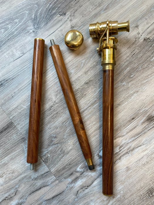 手杖 - 带重型黄铜手柄和自然观察器的手杖 - 红木 - 黄铜