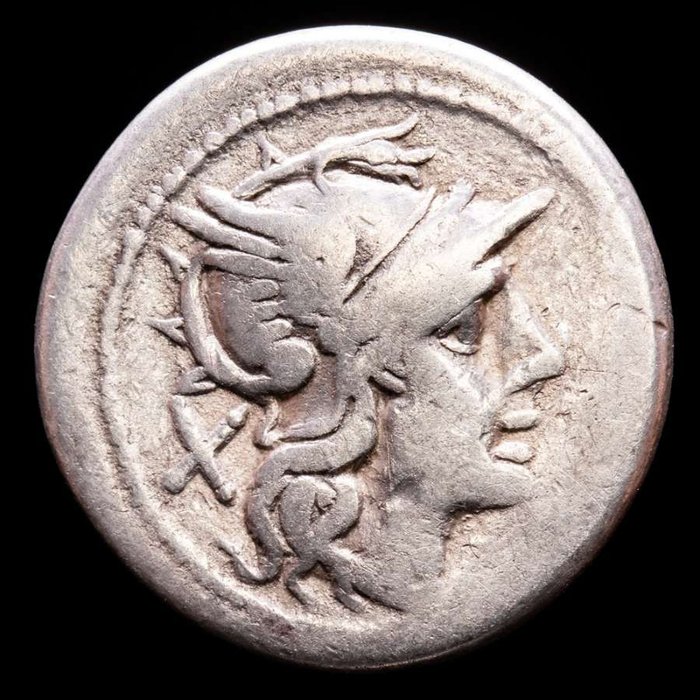 Roman Republic. Silver Anonymous Denarius,  Rome, 206-195 B.C. - The Dioscuri galloping right / ROMA.