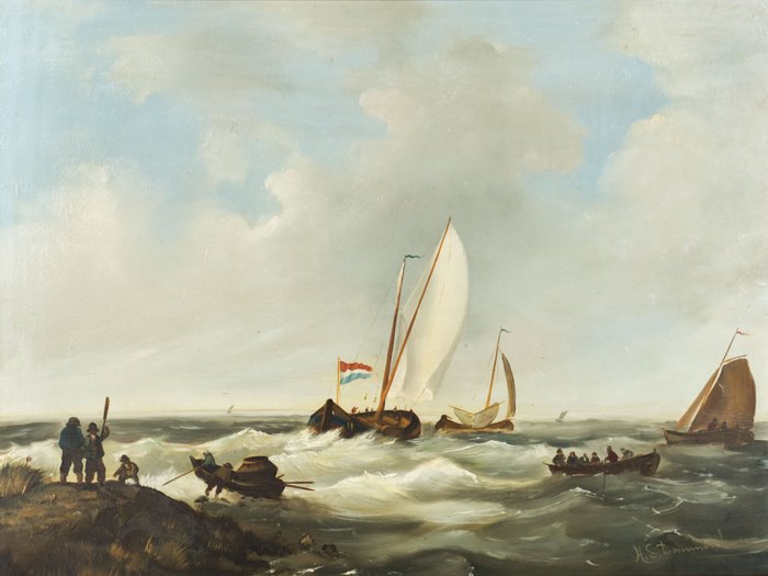 H.S. Dommelshuizen (XX) - Kustgezicht met boten op ruige zee