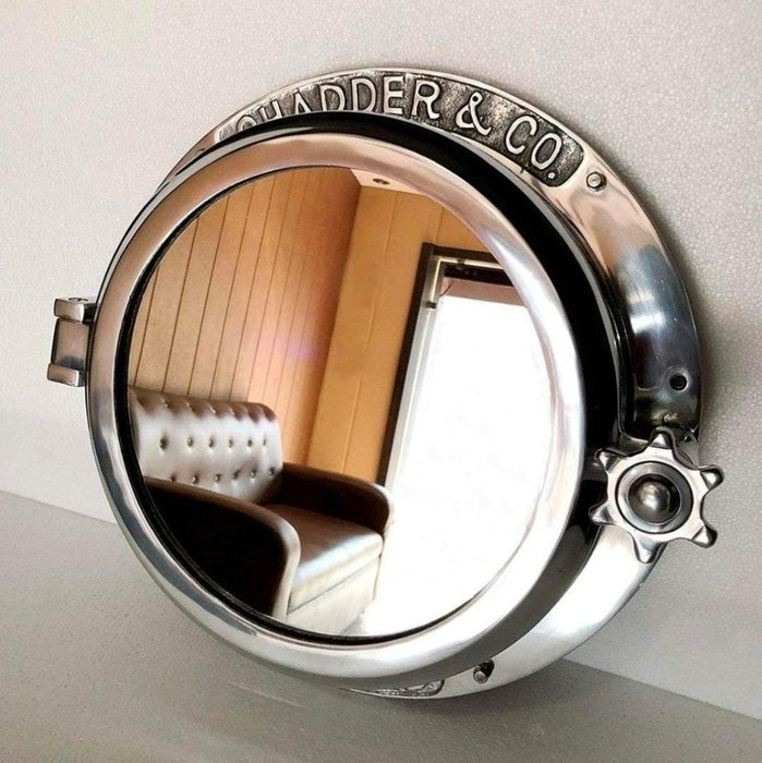 XXL Patrijspoort van Chadder & Co. (41CM!) Elegant Antieke Maritiem Schippers badkamer spiegelkast – Aluminium, Glas, Hout, Staal