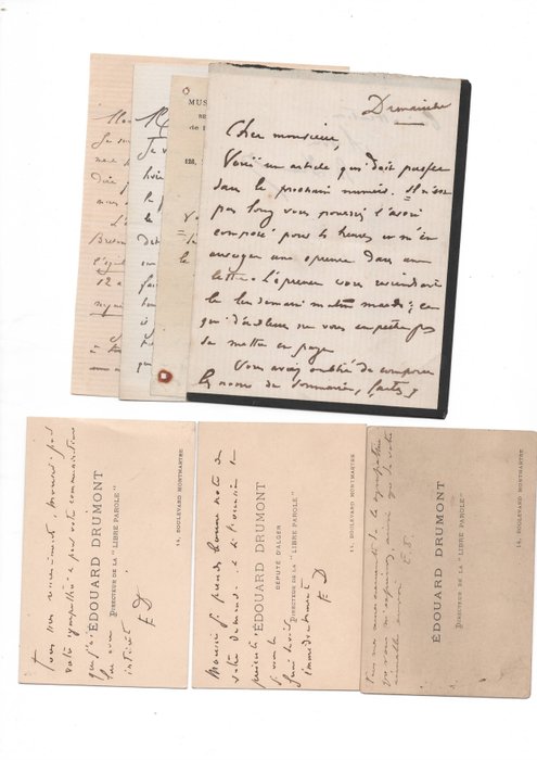 Edouard Drumont - 4 lettres et 3 cartes de visite autographes signées - 1889