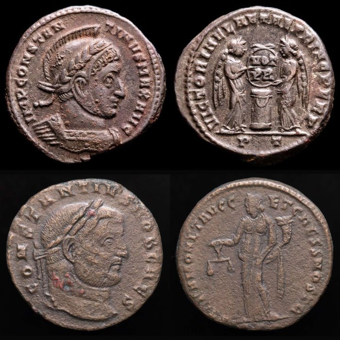 Roman Empire. Lot of two (2) Æ Folles,  Ticinum mint. Constantine I (AD 306-337) and Constantius I (as Caesar, AD 293-305)