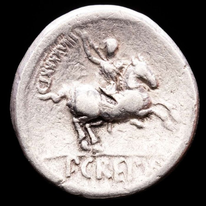 Roman Republic. P. Crepusius, 82 BC. AR Denarius,  Rome mint - Apollo / Horseman with spear, P.CREPVSI.