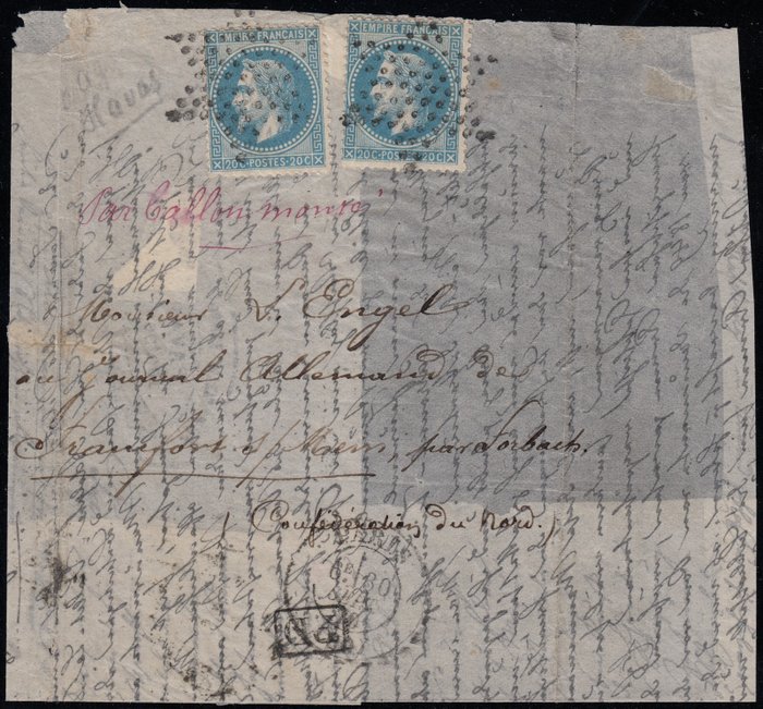 Frankrijk 1870 - “L'Armand Barbès” balloon mail,  correspondence from Havas bound for Frankfurt.