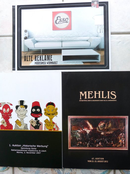 3 catalogues "anciennes publicités" plaques émaillées et antiquités avec prix - 1ère vente aux enchères Worms 2007 Collection Zacke, ancienne publicité, Wohnkult et Mehlis 2012