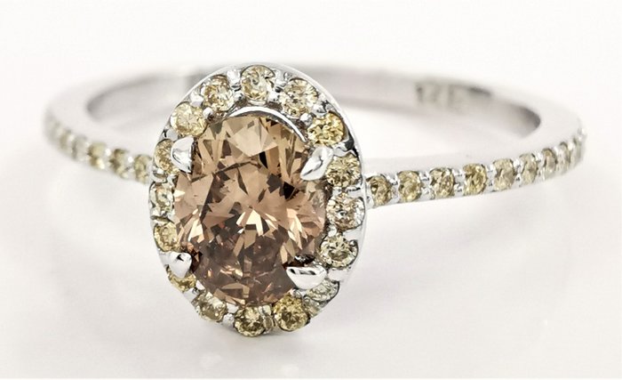 0.87 ct fancy brown & fancy yellow vvs diamonds designer halo ring - 14 kt. White gold - Ring - 0.87 ct Diamond - Diamonds