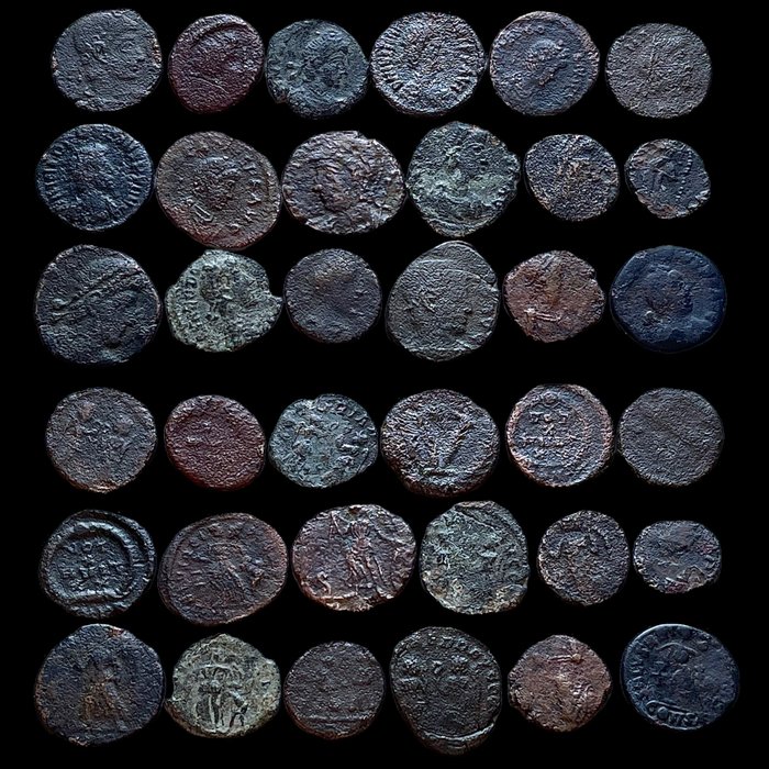Roman Empire. Lot x 18 Æ coins: ConstantineI, Constantine II, Valentinian III, Theodosius, Justinian I,  3rd-5th century AD